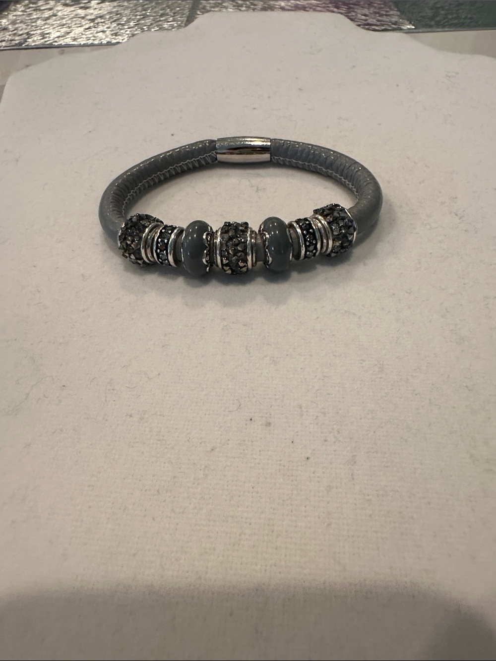 Brighton Gray Leather Bead Bracelet with  7 Silver charms Accents